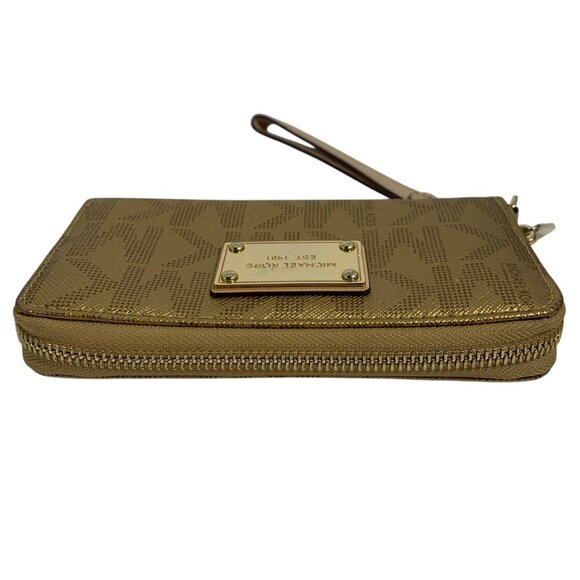 MICHAEL KORS MK Logo Gold Leather Zip Around Jet Set Wallet Wristlet Clutch - Picture 3 of 10